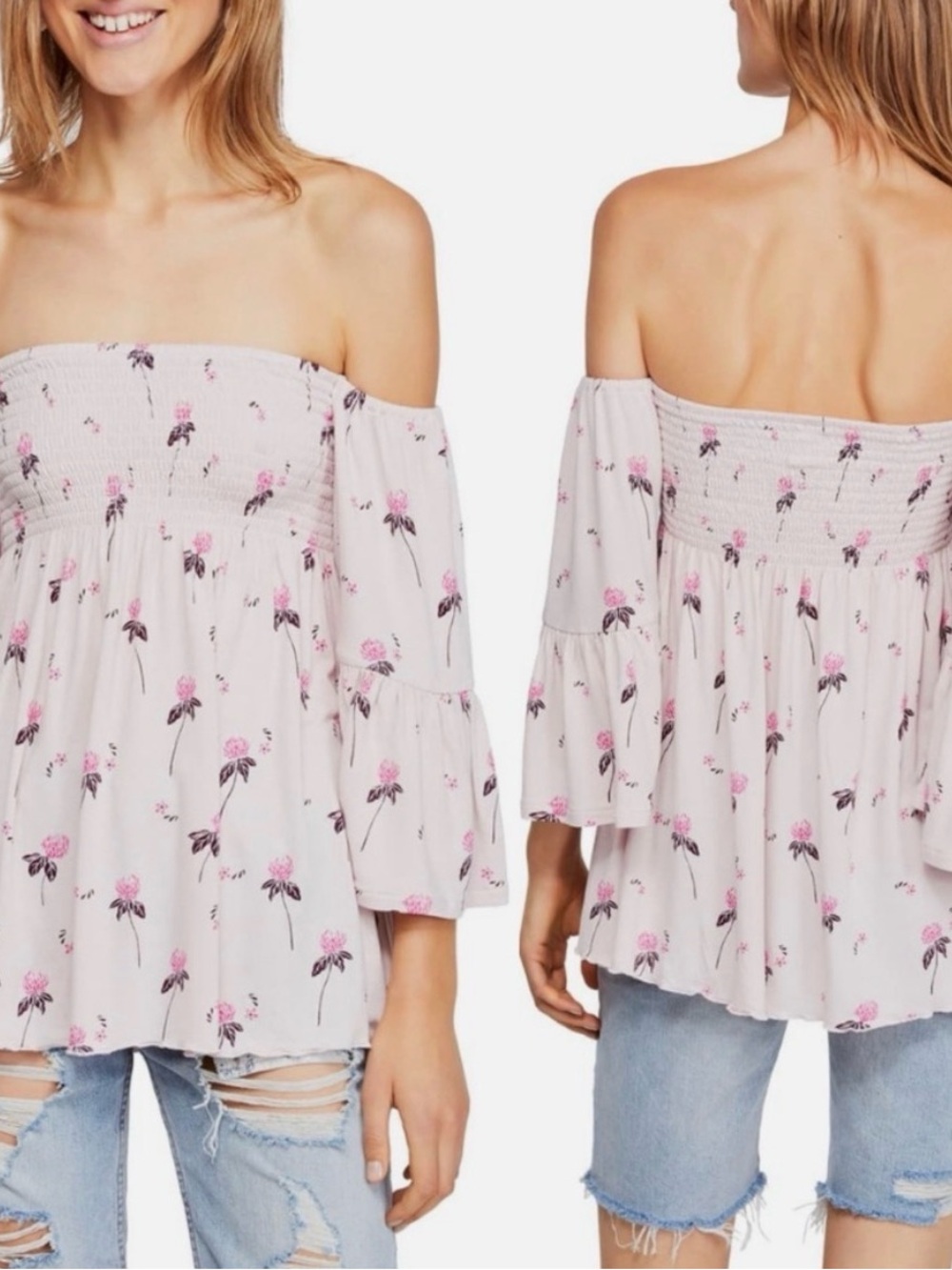 Free People Pale Pink Floral Off-the-Shoulder Tiered Tunic